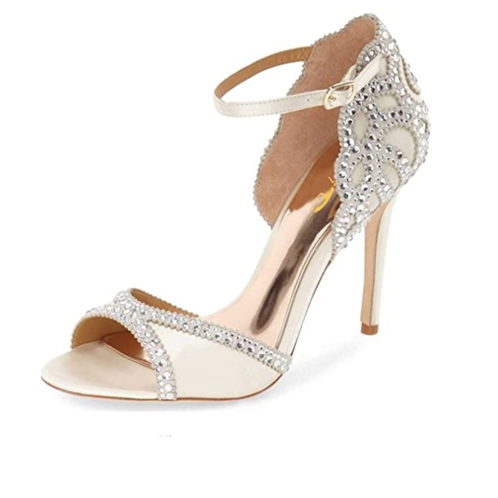 XYD Beige Peep Toe Rhinestones Ankle Strap Sandals